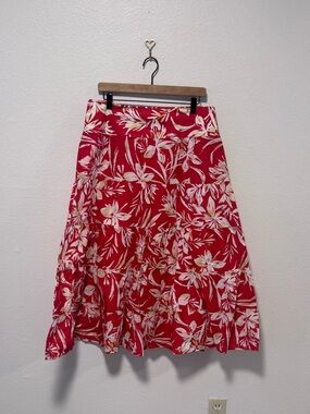 Jones New York Maxi Red Floral Boho Tropical Cotton Skirt w/ Side Zip - Size 10